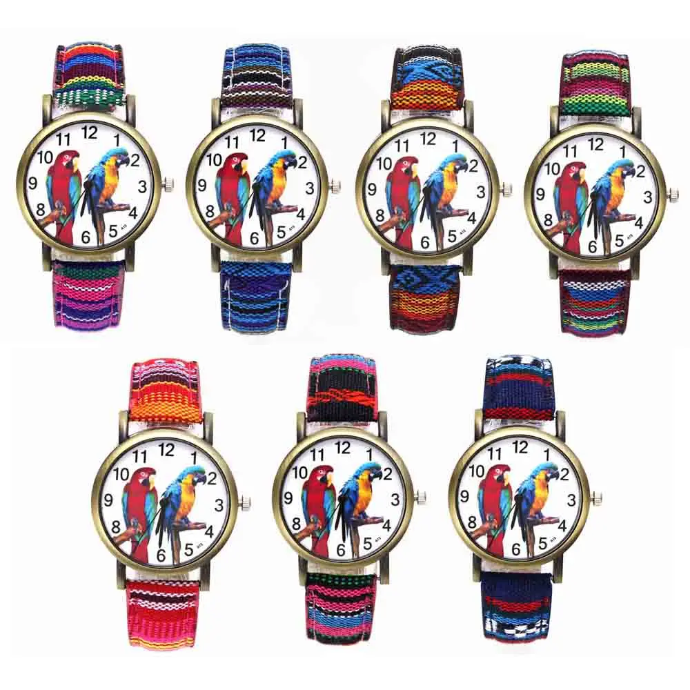 Красочные 2 для попугая домашней птички часы с животным волнистый Попугай Cockatiel Macaw мужские и женские часы Модные полосы наручные часы на тканевом ремешке