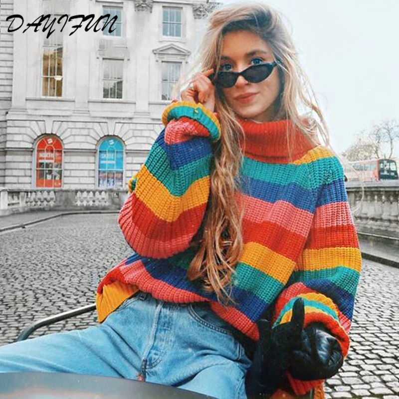 

DAYIFUN 2019 Rainbow turtleneck sweaters women winter jumpers knitted clothes fashion striped oversized pullover female C197
