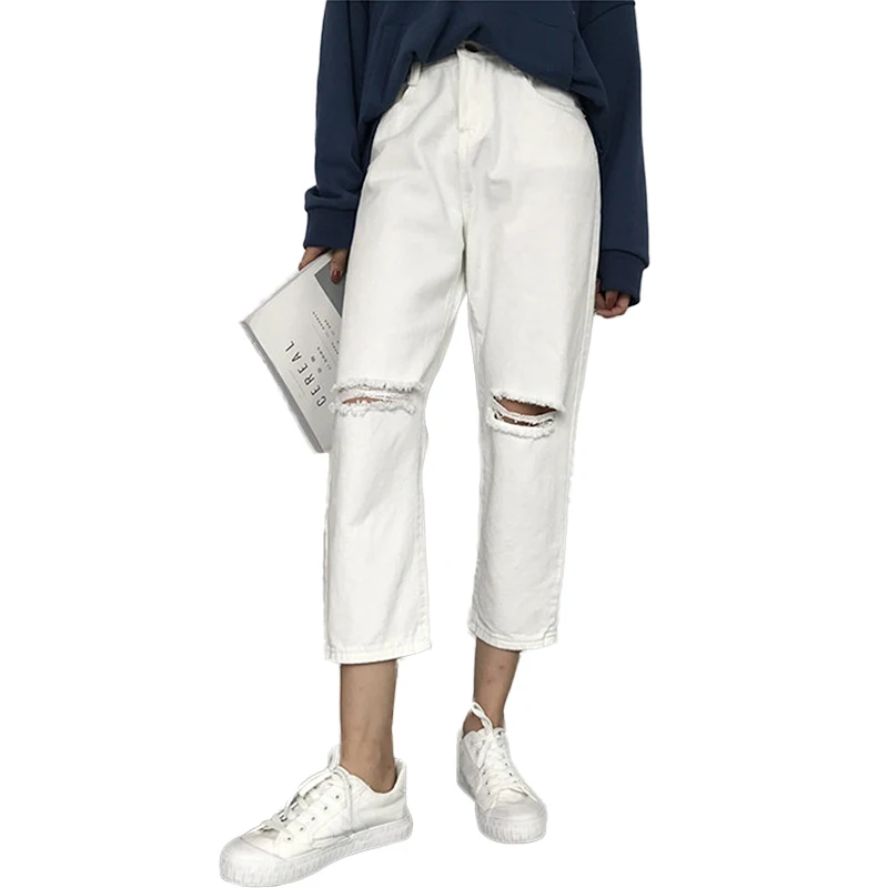 2019 Vintage Ripped Jeans Woman High Waist Loose Boyfriend Jeans Plus Size White Black Jeans for women Casual Mom Jeans femme