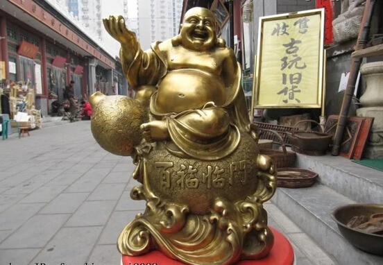 

Collectible bronze lion statue S0188 Chinese Brass Money Wealth laughter Maitreya Buddha on favonian gourd Art Statue (B0328)