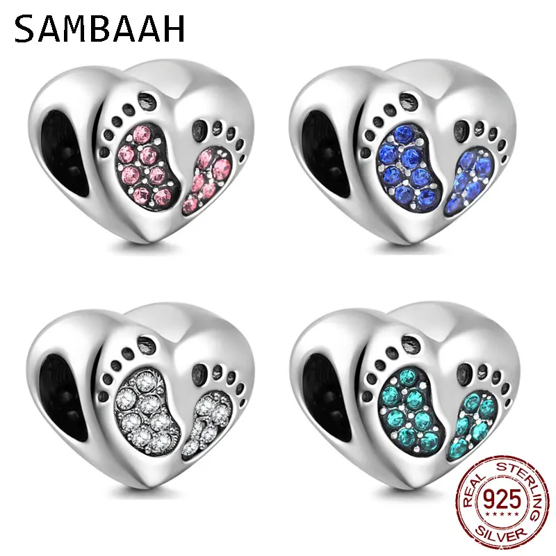 

Sambaah Baby Footprint Heart Charm with Austrian Crystal 925 Sterling Silver Foot Print Beads fit Pandora Family Bracelet