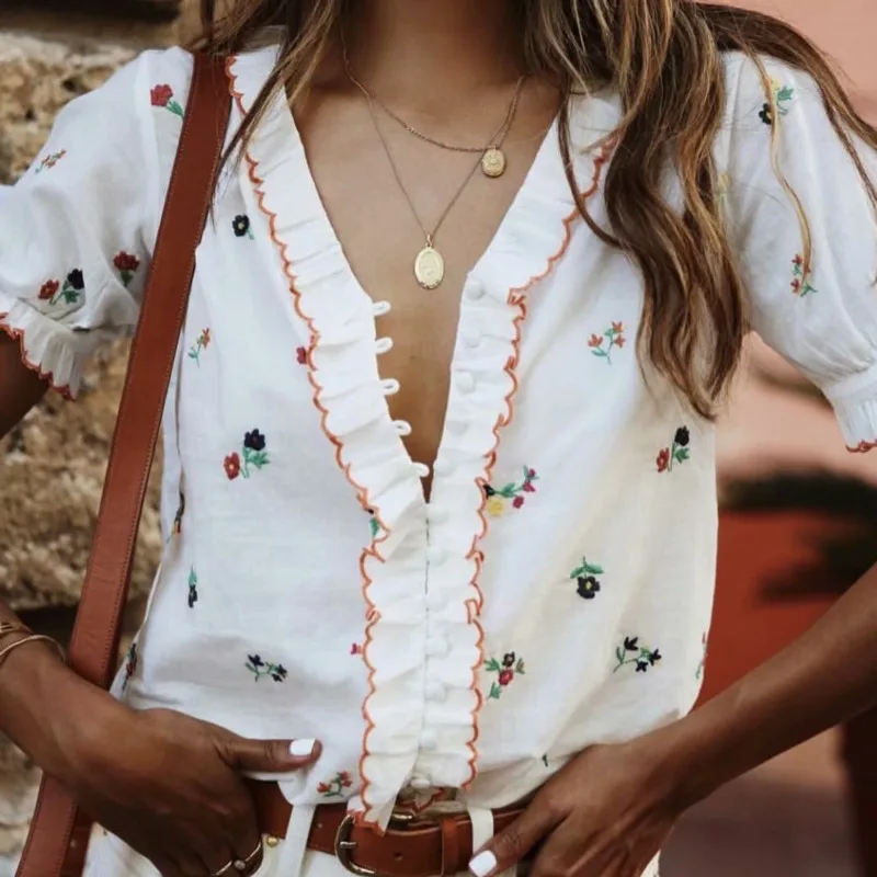 

DEAT 2019 Summer Sweet Style Short Flare Sleeve V Neck White Cotton Embroidery Floral Print Blouse Women Shirt MF431