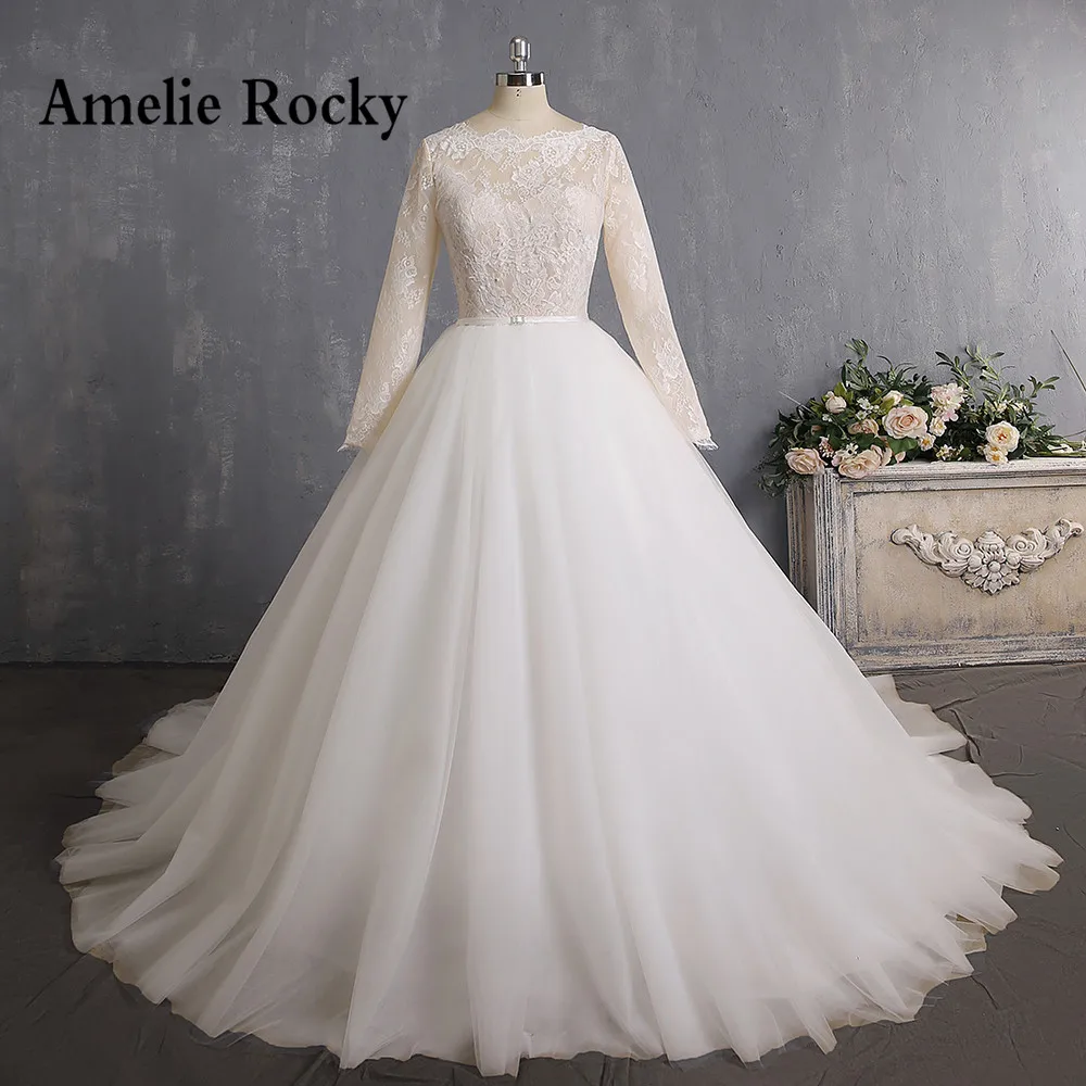 

Vestidos De Novia 2019 Champagne Wedding Dresses Long Sleeves See Through Lace Ball Gown Princess Bride Dress Robe De Mariage