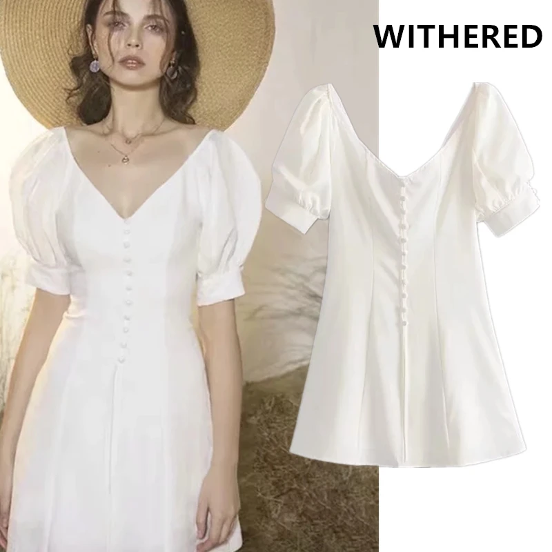 

Withered party dress women vestidos france vintage romantic v-neck puff sleeve button vestidos de fiesta de noche mini dress