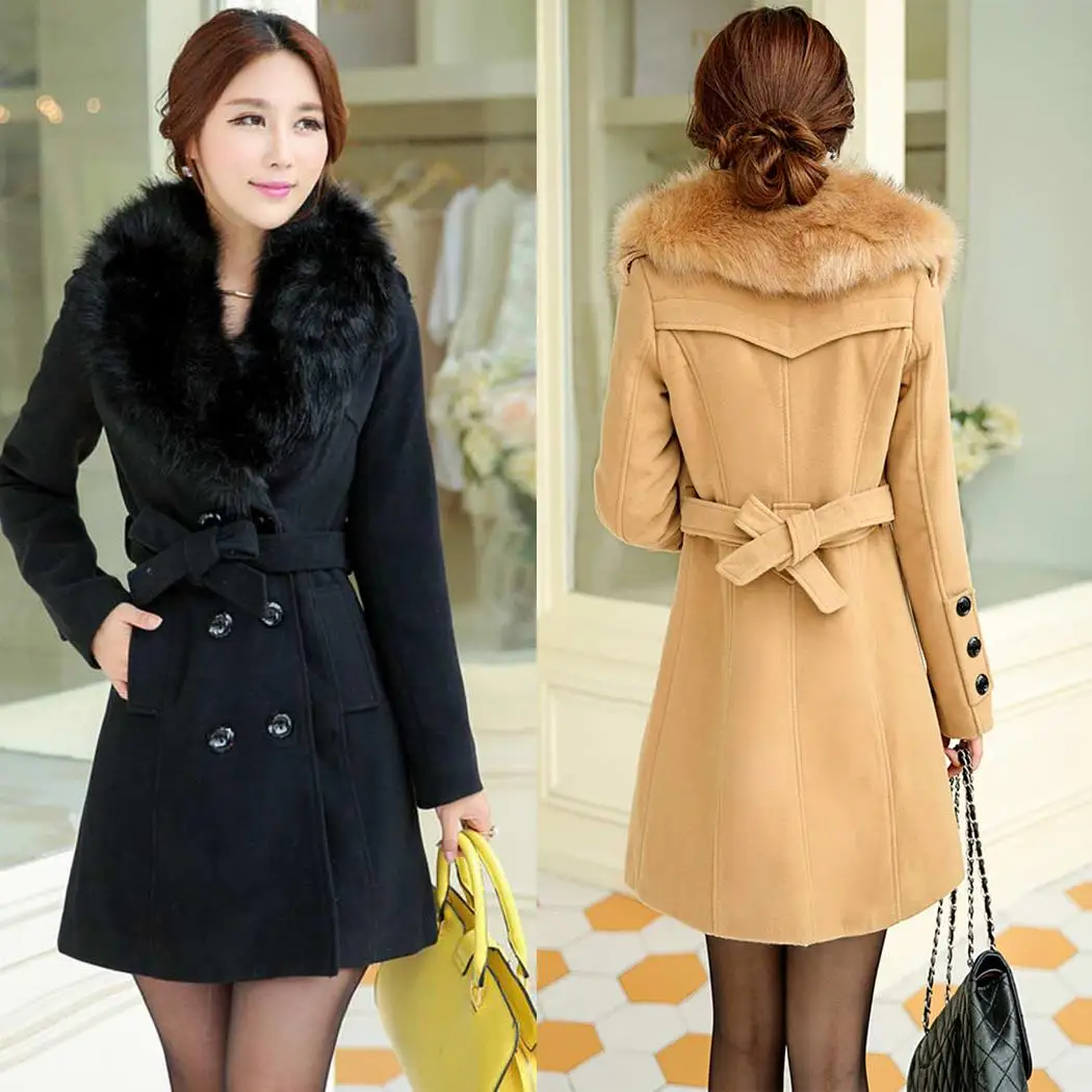 Manteau Sash Veste Boutonnage Fausse Col Plus Poches Mélange En Ceinture Fourrure Femmes Manteaux Double Longues Laine D'hiver Taille xxzwqCrE1