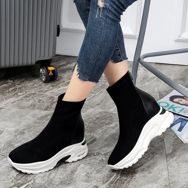 

Casual Autumn Winter Motorcycle Boots Women Shoes 2019 Fashion Wedges Height Increasing Sneakers Women Snow Boots