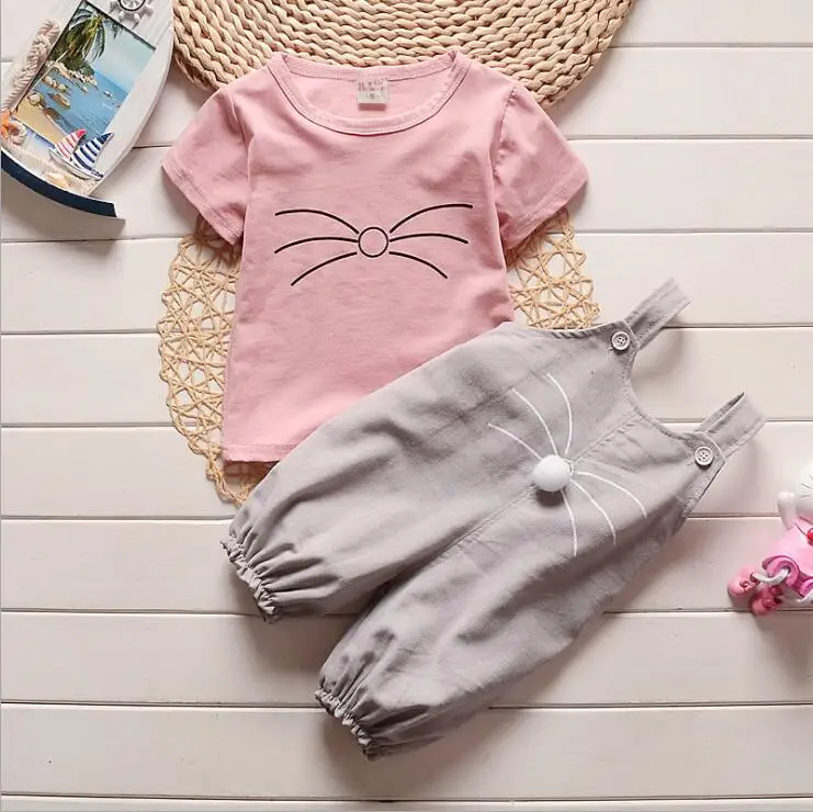 

Baby Girl Summer Clothes Two Color Round Neck Print Cartoon Kitten T-shirt + Bib 2PCS Outfits Kids Bebes Jogging Suits Tracksuit