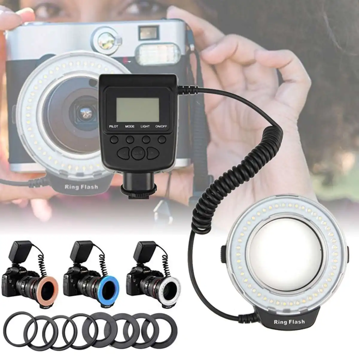 

Macro Ring Flash Light Speedlight 48 LED Lamp + 8 Lens Adapter + Diffuser For Nikon for Canon DSLR Camera Flash Accessories