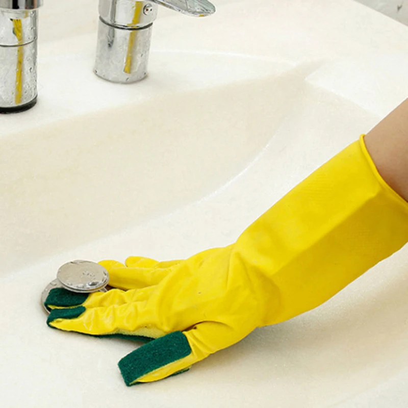 1 Pair Of Gloves Yellow Dishwashing Sponge Latex With Scouring Pad