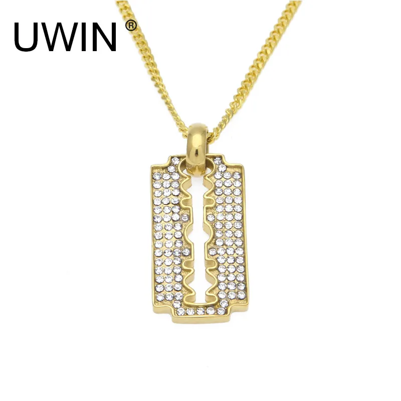

UWIN Men Women Razor Blade Necklace & Pendant Charm Bling Rhinestone Gold Color Stainless Steel Metal Necklace Trendy Jewelry