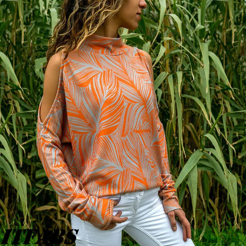 

Trendy Women clothes Turtle Neck Geometry Tops Long Sleeve Polyester Casual Loose Pullover T-Shirts one pieces
