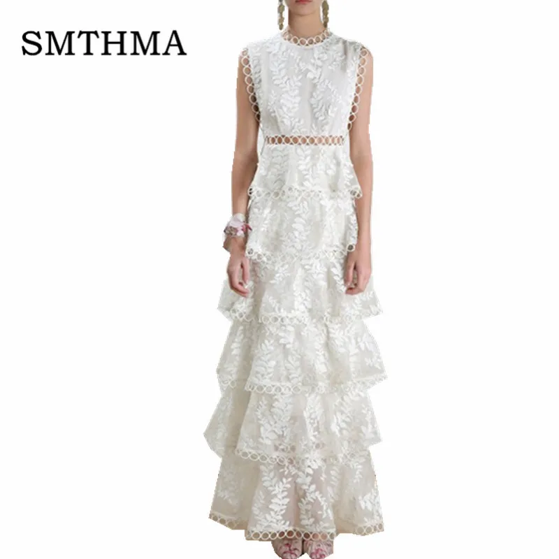

SMTHMA HIGH QUALITY Newest Fashion 2019 Designer Runway Maxi Dress Women's Embroidery Gauze Hollow Hot Patchwork Tank Long Dress