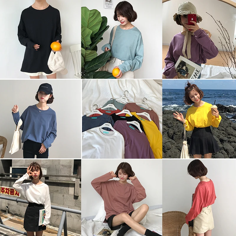 Mooirue Весна Осень Harajuku Повседневная футболка тонкая круглый вырез длинный рукав хлопок базовая футболка женский желтый черный пуловер