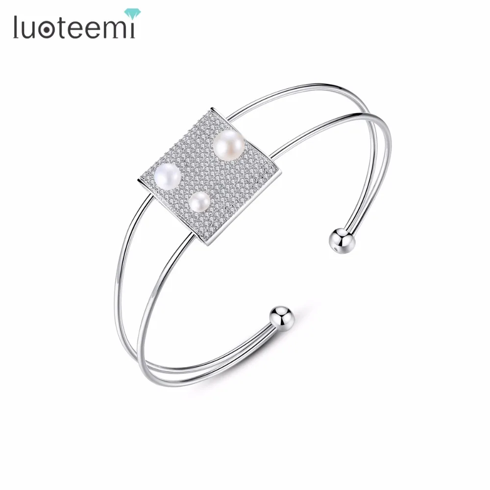 

LUOTEEMI Fashion New Design Tiny CZ Paved Cuff Bracelet Bangles with Imitation Pearl for Women Daily-life Party Jewelry Bangles