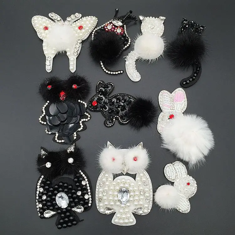 

Handmade beaded animal fur hairy patch cloth stickers Owl rabbit clothing shoes and hats diy cloth downy patch accessories