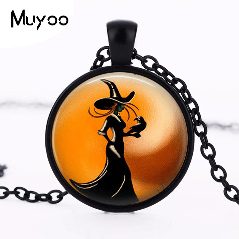 

Halloween Jewelry Necklace Glass Tile Witch Jewelry Black Necklace Glass Holiday Jewelry statement necklace HZ1