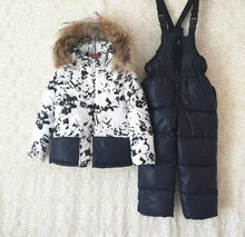 Девушки мех вниз snowwear костюмы зима теплая с капюшоном меховой воротник дети лыжная одежда наборы верхней одежды вниз пальто + спецодежда брюки 2 шт