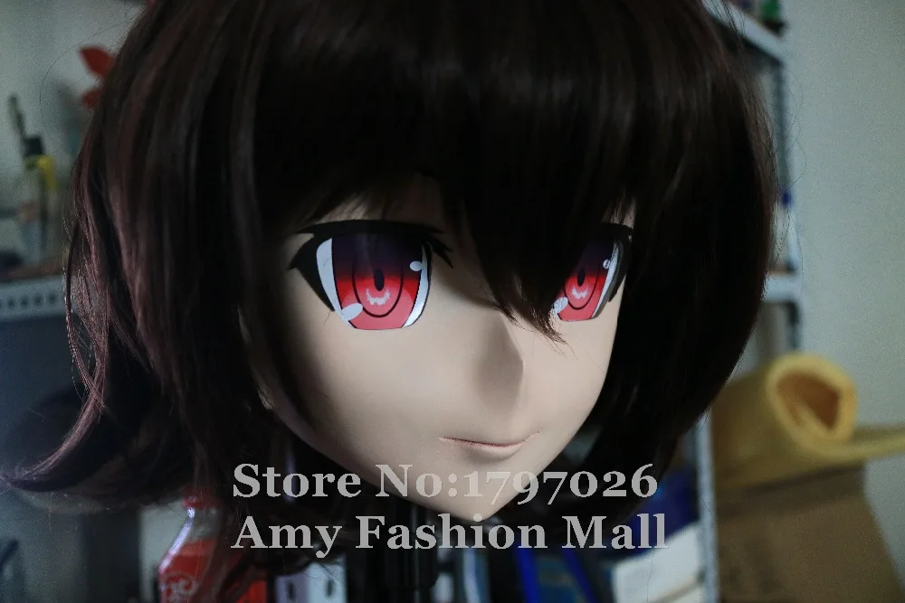 100% Handmade Silicone Full Head Kigurumi Masks Cosplay Pink Eyes Brown Hair Crossdresser Kigurumi Mask with Wig Can Customized