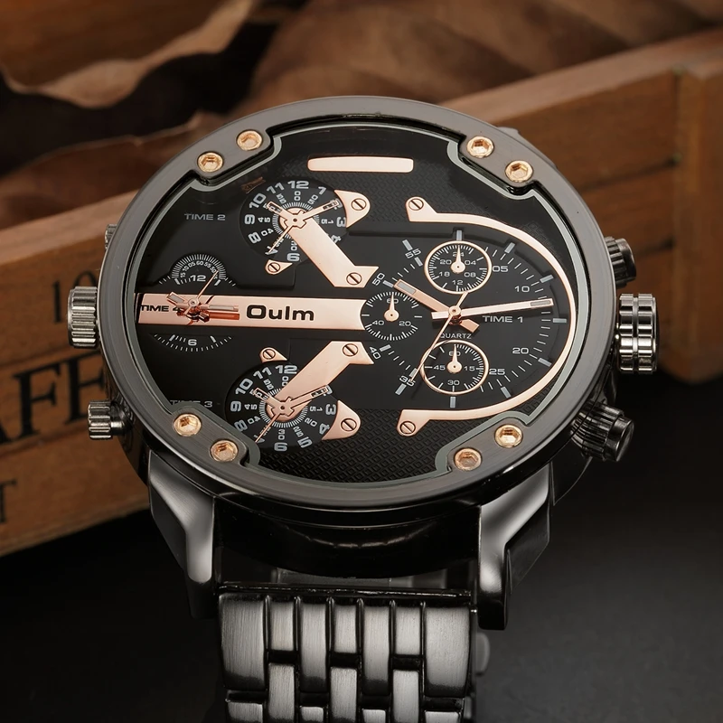 Oulm Male Military Watches Golden Hour Oversized Big Quartz Watch Top Brand Men Full Stainless Stee