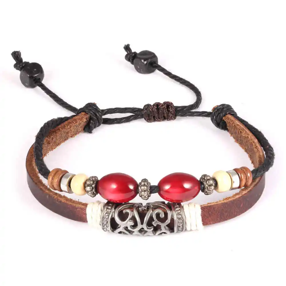 GOLDAYS Vintage Adjustable Hand Woven Leather Wood Bead font b Bracelet b font Unisex Fashion Jewelry