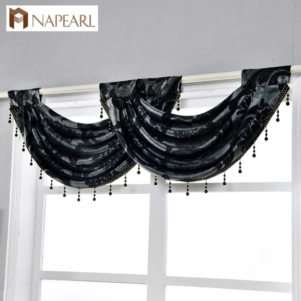

NAPEARL Beaded Decorative Valance Floral Kitchen Rod Pocket Curtains Jacquard Treatment Curtains Luxury Modern Thick Curtains