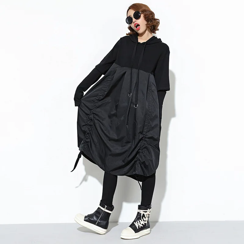 

LANMREM Autumn Autumn 2018 New Pattern Fashion Patchwork Hooded Collar A-line Casual Style Big Size Dress Women M50701