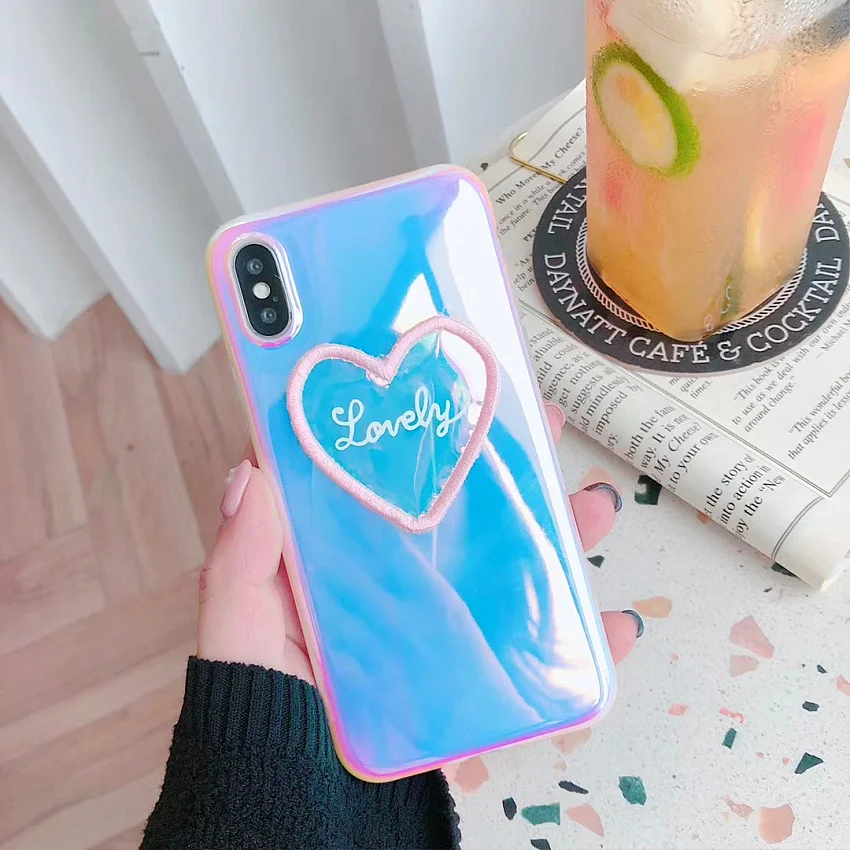 PINK LIPS Blu-Ray Love Heart Laser Mirror Phone Case For iPhone 6 6S 7 8 Plus X XS MAX XR Beautiful Soft IMD Phone Cases Fundas (2)