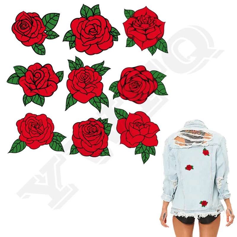 

Rose Patches Sticker On Clothes 9Pcs/Set Washable New Design Badges Clothing Deco Diy Accessory Heat Transfer Applique