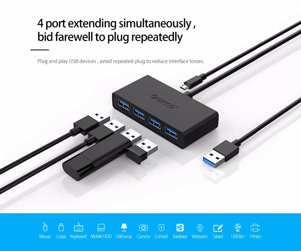 ORICO Mini USB 3,0 концентратор 4 порта питание OTG с микро USB интерфейс питания для MacBook ноутбук планшет компьютер OTG usb-хаб