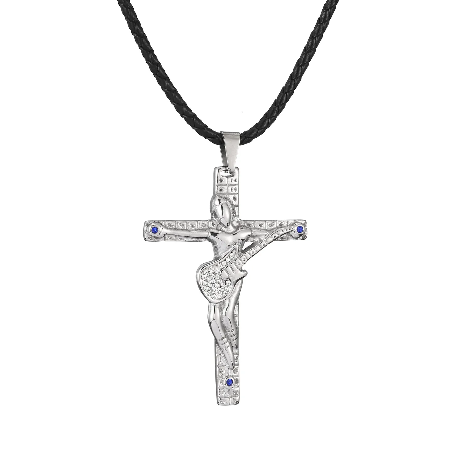 

Guitar Cross Pendants Necklaces Men Women Jewelry Silver Stainless Steel Chain Jewelry Leather Chain Necklace Christian Crucifix