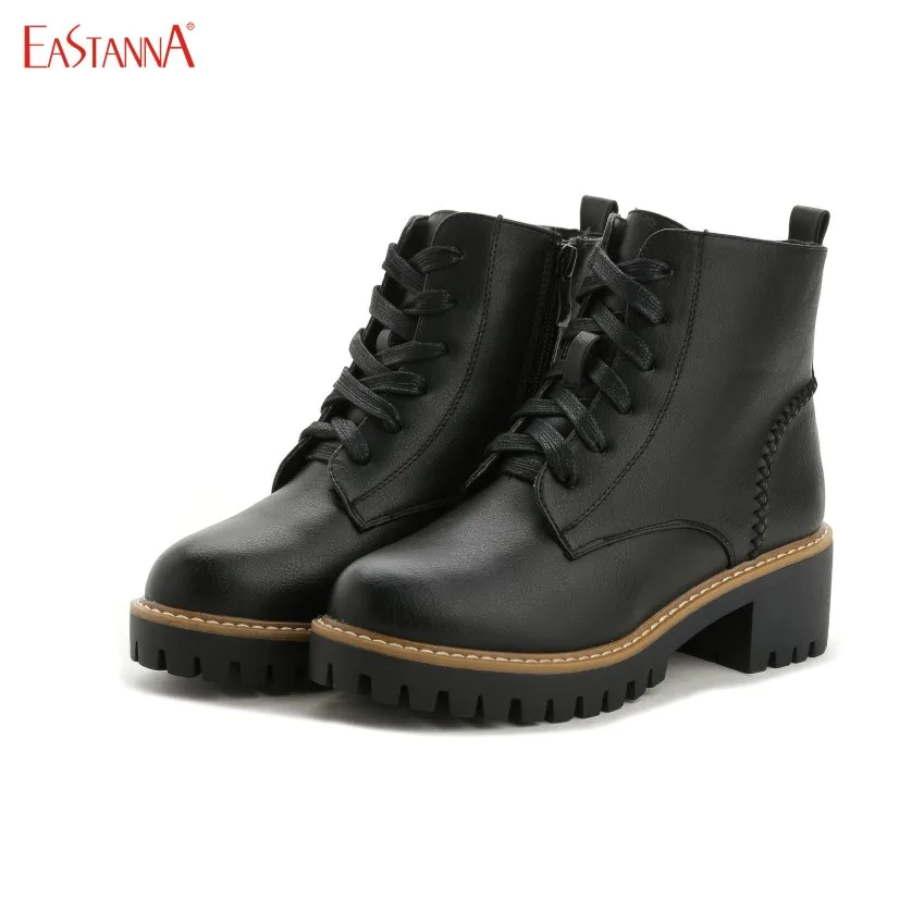 

EASTANNA 2017 Black leather ladies shoelace warm women boots Femal rubber rain faux boots cowbo ankle genuine leather high
