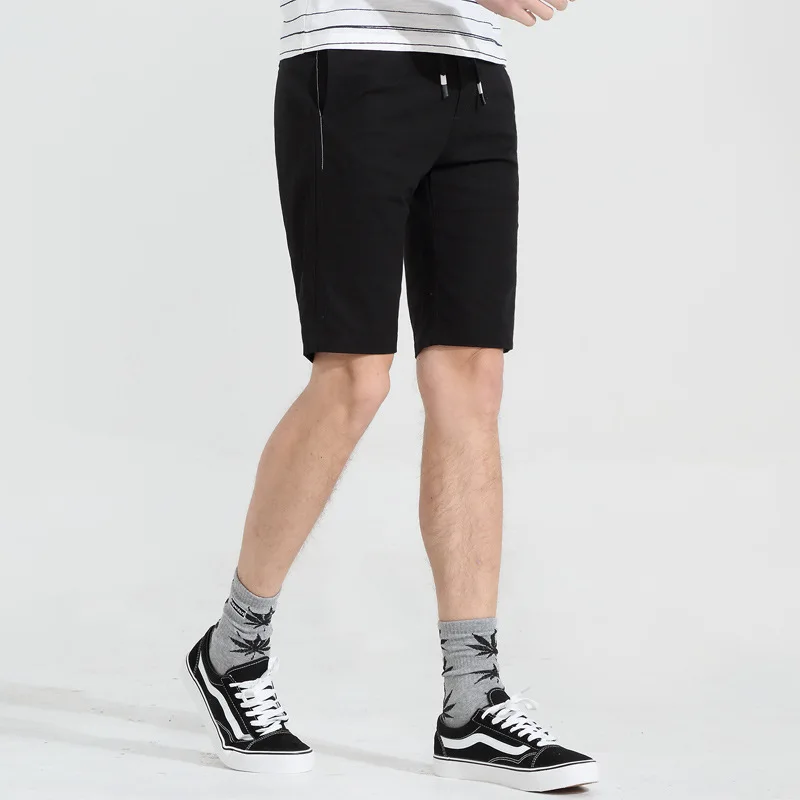 Высокое качество Повседневное Для мужчин шорты лето мыть саржа одноцветное Цвет из хлопка и спандекса тонкий эластичный пояс черный Для мужчин шорты