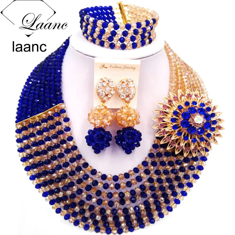 

Laanc 8 Rows Royal Blue and Gold AB Nigerian Wedding African Beads Jewelry Set Crystal Necklace and Earrings 8RCS005