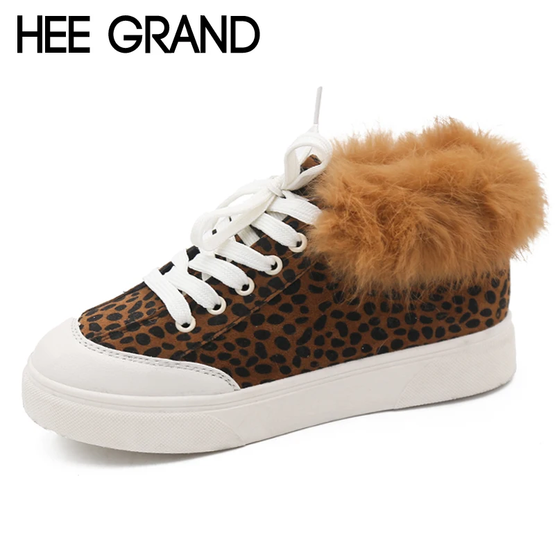 

HEE GRAND Suede Women Faux Fur Ankle Boots Platform Shoes Woman Round toe Lace Up Winter Women Shoes Leopard Color XWD7044