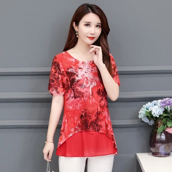 

Chiffon T Shirt Top For Women Mujeres Camisa 2020 Summer Plus Size Middle Age Mother Printed O-Neck Clothes Short Sleeve T-Shirt