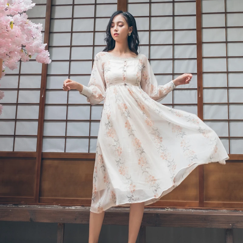 

Spring Summer Beige Flower Sweet Dress Women Lantern Sleeve Floral Print Long Sleeve Chiffon Dresses Mori Girl Clothes