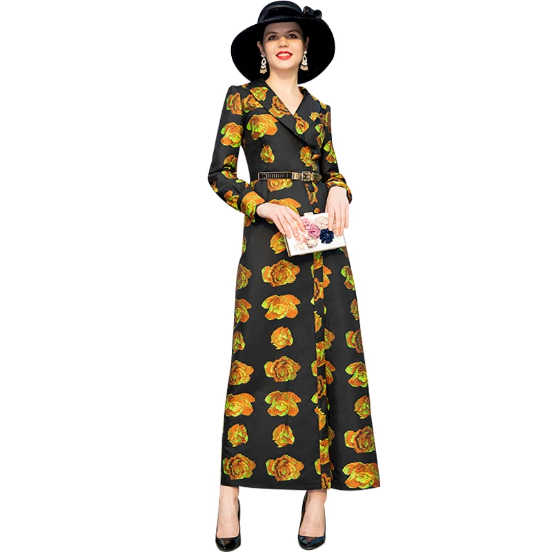 

Trench Coat for Women Windbreaker Spring Autumn Dobby Long Coat Floral Overcoat Maxi X-long Coat Ropa De Mujer De Moda DZ1041
