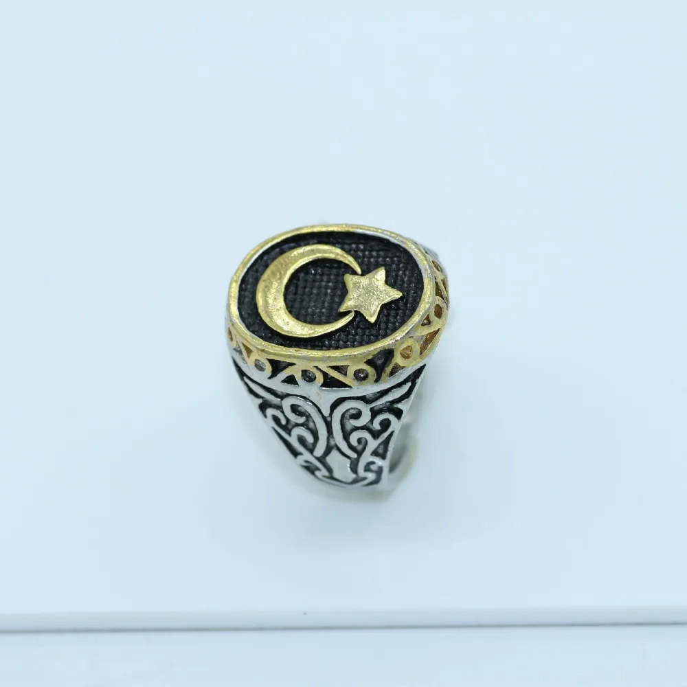 Золотого, серебряного цвета мусульманское кольцо с Луной и звездой, мусульманское, арабское, Бог, Мохаммед, Коран для мужчин, религиозное ювелирное изделие на Ближнем Востоке