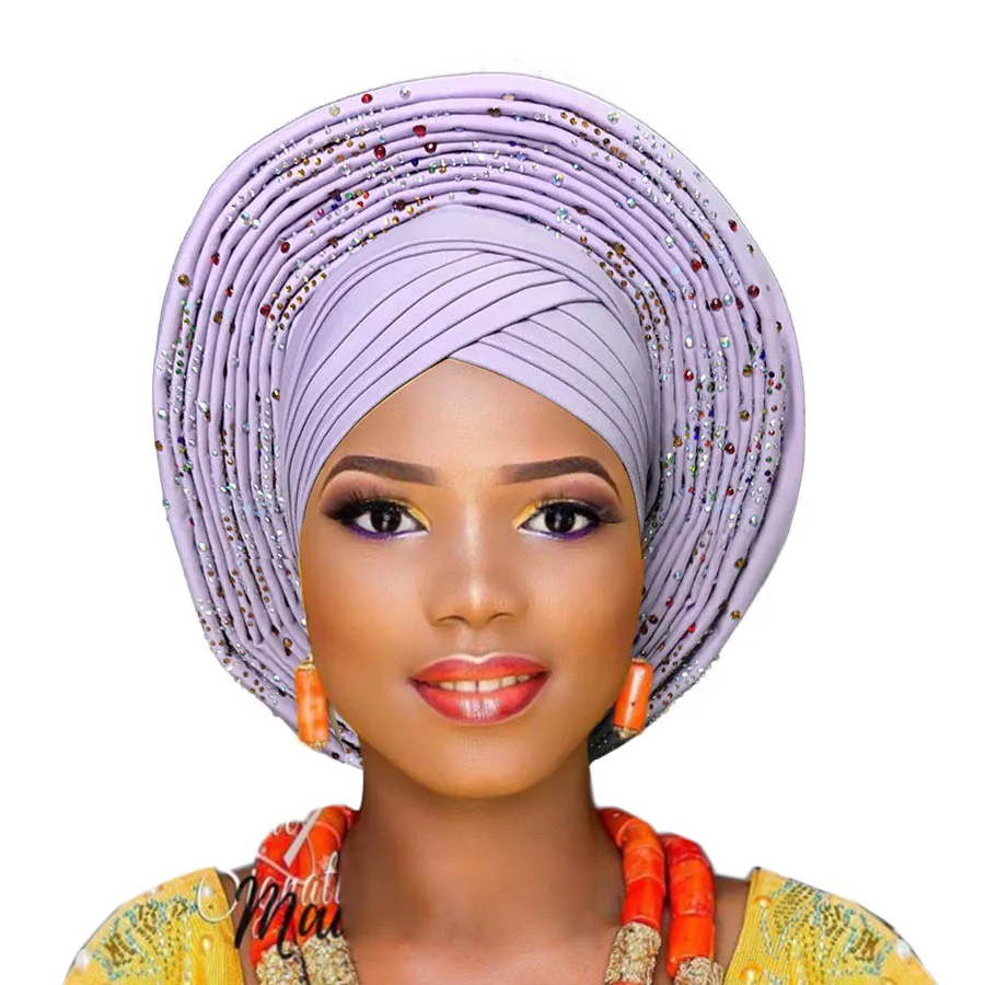 Новое поступление ASO OKE gele с бисером Африканский тюрбан для женщин - Цвет: lilac