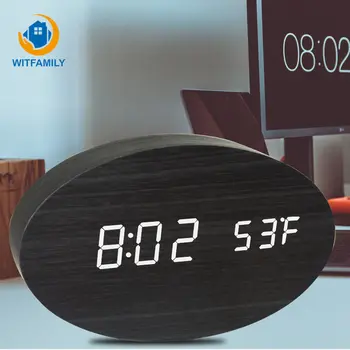 

Creative Simple LED Digital Sound Control Elliptical Wood Clock Electronic Alarm Clock Silent Clock Bedside Clock Student Gift