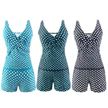 Women Plus Size Two Piece Tankini Set Deep V-Neck Vintage Polka Dot Cross Wrap Front Tank Top Mid Waist Boyshorts Bottoms With P tie front cross wrap cami top