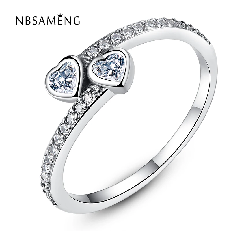Authentic 100 S925 Sterling Silver Rings Heart to Heart Ring Double