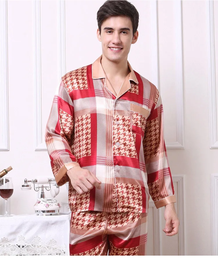 Осенне-летняя одежда для отдыха с длинными рукавами и длинными штанами, пижамный комплект для мужчин, разноцветная Шелковая пижама с