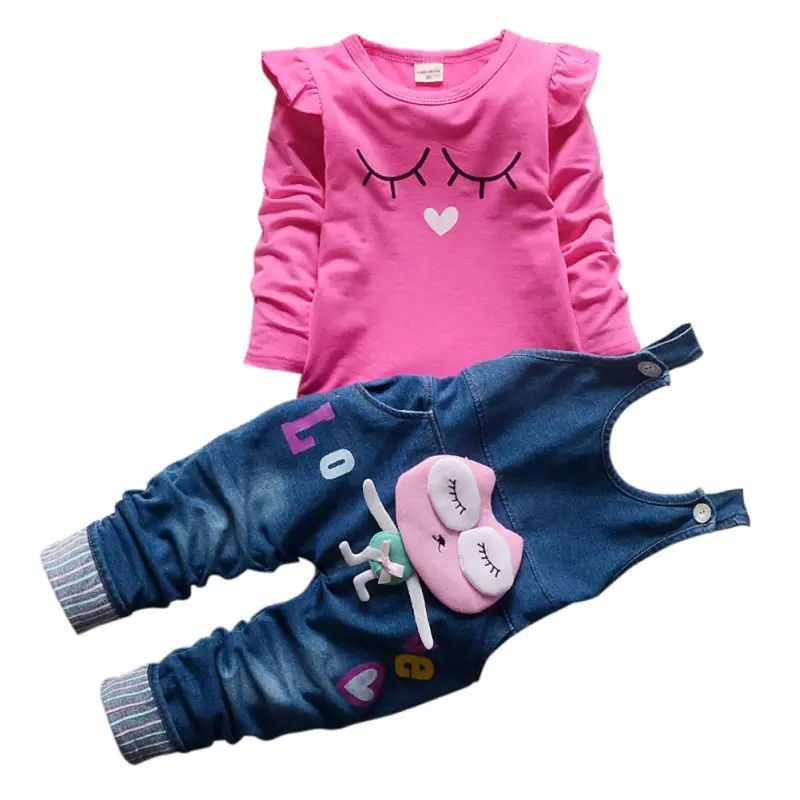 

1-4T 2PCS/Set Infant Kids Clothes Autumn New-arrival Fashion Girls Sets Baby Long Sleeve Outfits Tops+Bib Pants Suit Y1