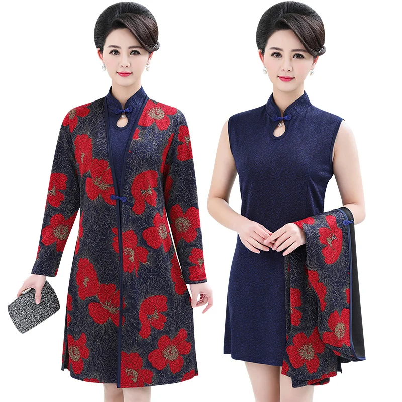 

2pcs/set Spring Suit Dresses Two Piece Set Autumn New Women Fashion Elegant Plus Size Mother Clothes Long Sleeve Cardigan Dress
