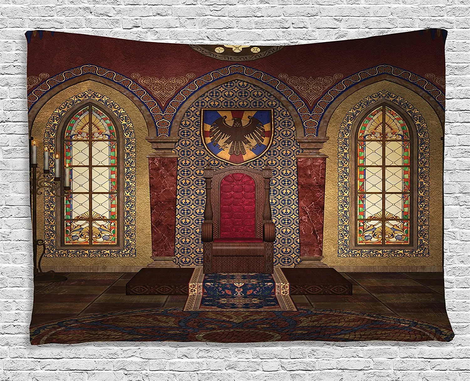 Tapestry Decor, Red Medieval Throne in Chapel Eagle Portrait on Wall