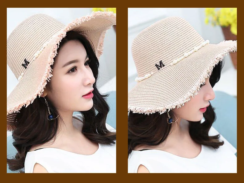 BINGYUANHAOXUAN Для женщин летнее солнце соломенная шляпа с м бусы с алфавитом