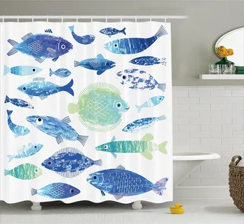 

Ocean Animal Shower Curtain Artisan Fish Patterns with Wave Lines and Sky Cloud Motifs Marine Life Image Fabric Bathroom Decor