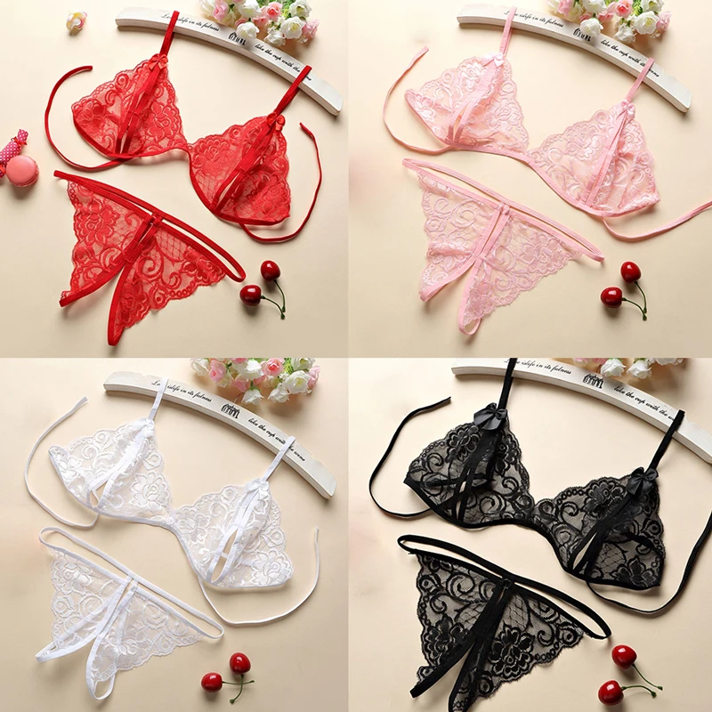 Babydoll 2Pcs Women's Pajamas Sexy Lingerie Thongs+Bras Lace Transparent Panties Sexy Costumes Underwear Female Erotic Lingerie