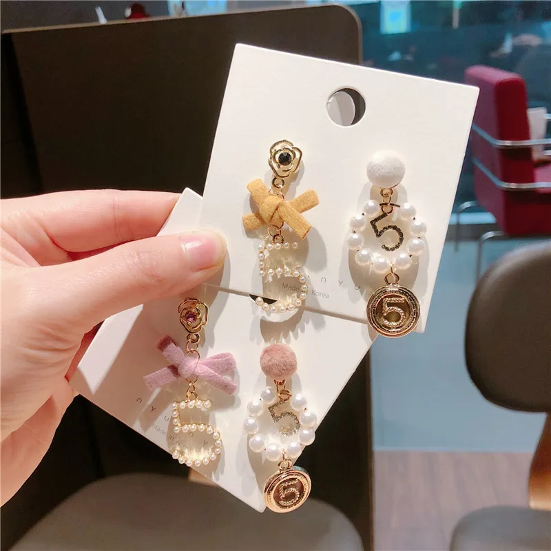 

Korea Handmade Bowknot Number 5 Pearl Asymmetry Women Drop Earrings Dangle Earrings Fashion Jewelry Accessories-QQD5